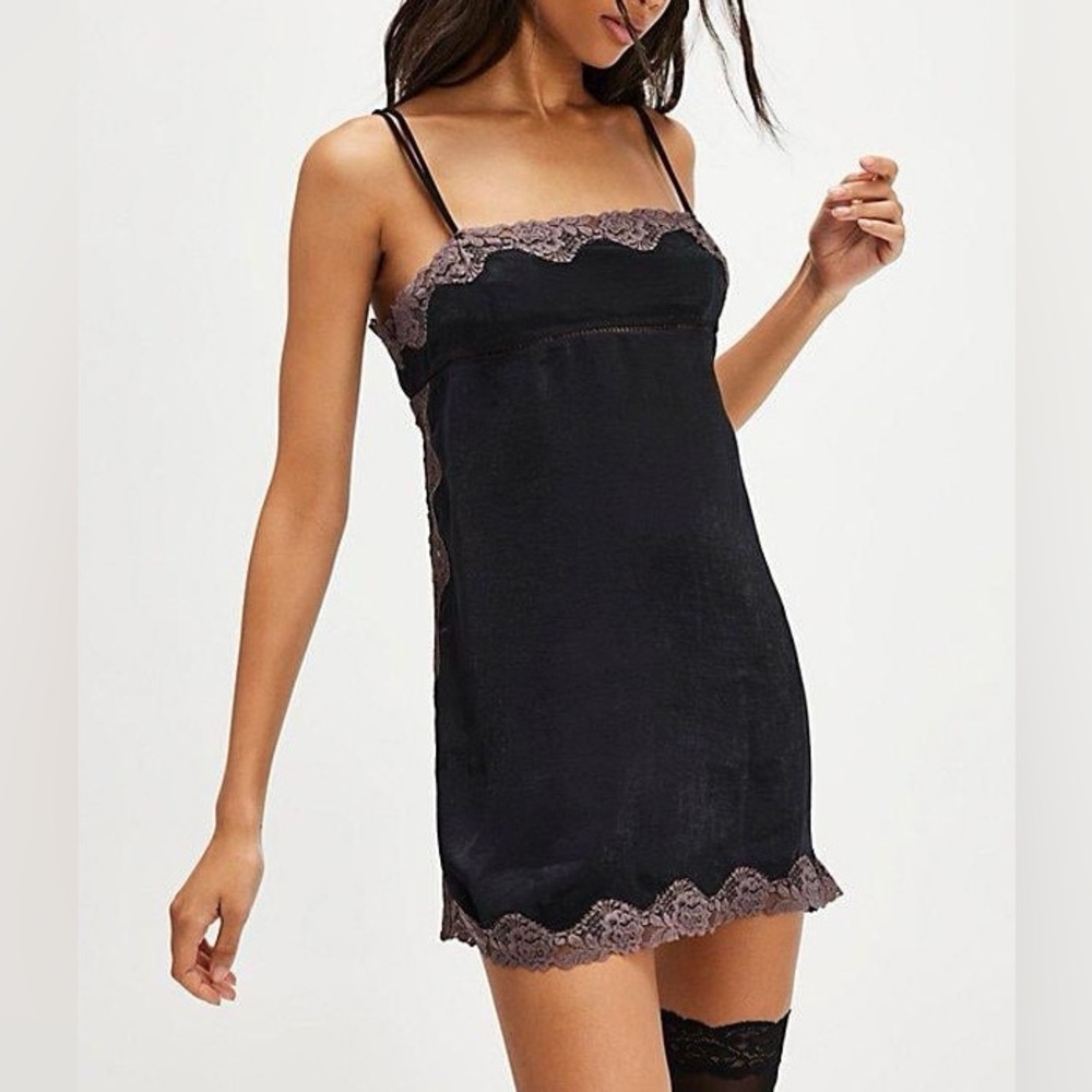 Intimately by Free People Black Lace Trim Slip Dress